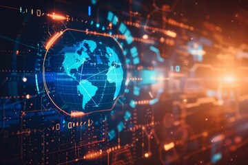 Obraz premium Futuristic digital globe with glowing nodes and data streams, symbolizing global connectivity and technology.