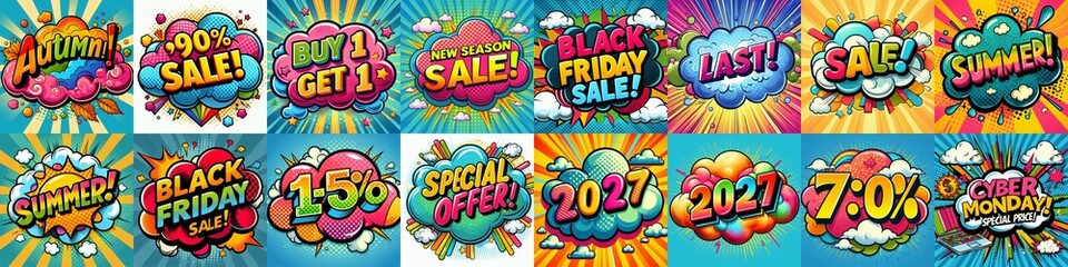 Sale stickers pop art style. AI generated illustration