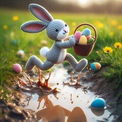 ai generated Happy Easter 3d realistic bunny doll Crochet figure jumping over a muddy puddle carrying a basket filled with colorful Easter eggs against a beautiful meadow background