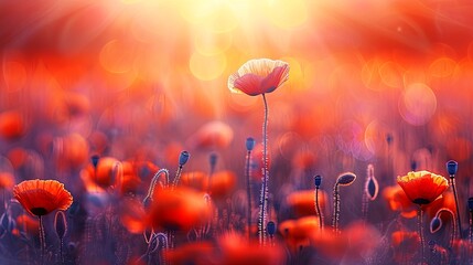 Painting with a field of blooming red poppies on the background of blue sky. Fresh spring flowers. Illustration for banner, postcard, greeting card, postcard, poster, cover or presentation. - obrazy, fototapety, plakaty