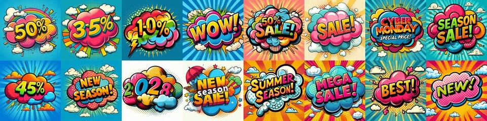Fototapeta premium Sale stickers pop art style. AI generated illustration