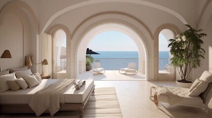 Mediterranean villa master bedroom with arched doors opening to a private terrace.