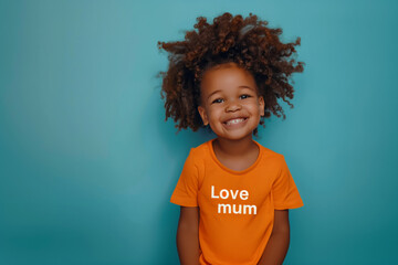 Photo portrait of a smiling African American kid wearing a t-shirt with a phrase Love mum, standing against the blue wall, vibrant bold design