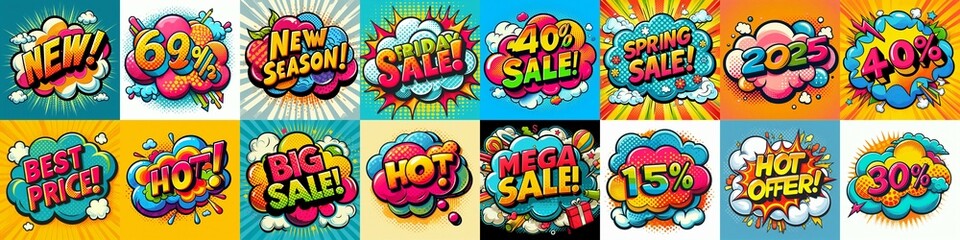 Sale stickers pop art style. AI generated illustration