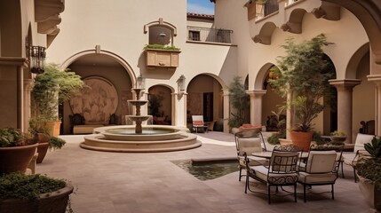 Mediterranean-inspired indoor/outdoor luxury courtyard with Venetian plaster walls antique fountains stone arches and loggias all around. - obrazy, fototapety, plakaty