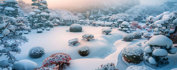 The serene beauty of a snow-covered Japanese garden, the precision of the garden's layout clear against a softly blurred snowy background, the garden and surrounding snow