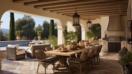 Mediterranean-style outdoor kitchen and dining loggia. - obrazy, fototapety, plakaty