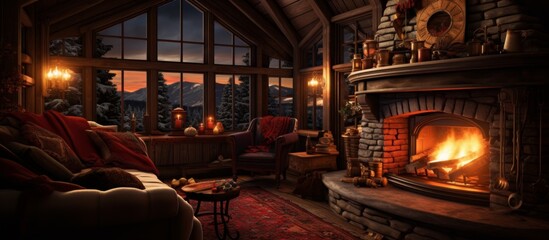 A cozy living room in a brick building, featuring furniture, a fireplace, and artwork. The room is filled with warmth and charm