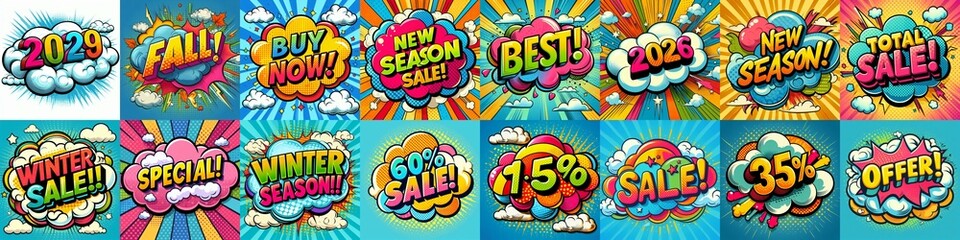 Fototapeta premium Sale stickers pop art style. AI generated illustration