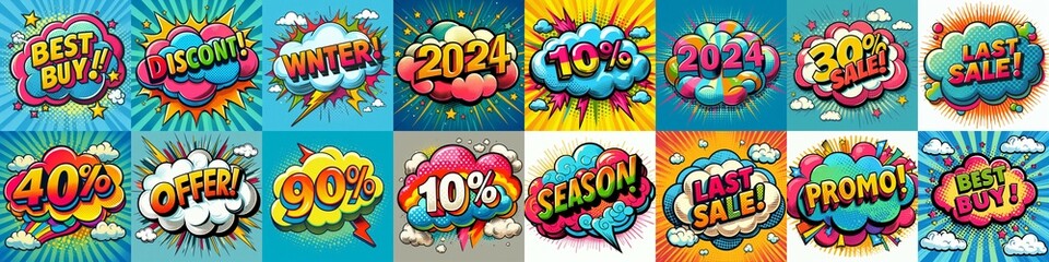Fototapeta premium Sale stickers pop art style. AI generated illustration