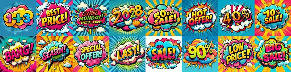 Fototapeta premium Sale stickers pop art style. AI generated illustration