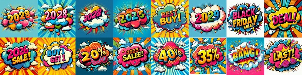 Fototapeta premium Sale stickers pop art style. AI generated illustration
