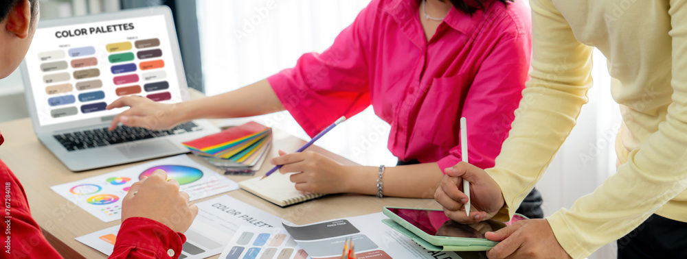 Poster a portrait of creativity graphic designer team select appropriate color for the project by using lap