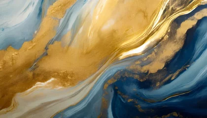 Türaufkleber abstract paint background by deep blue and gold color with liquid fluid texture in luxury concept © Susan