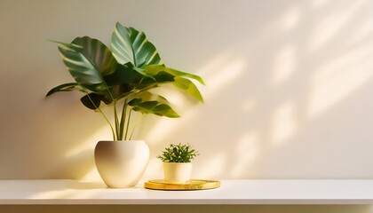 wall art mockup concept with green plant white wall and shelf on blurry background