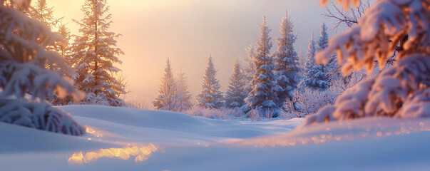 The soft light of dawn illuminates a snow-covered forest, the trees and snow detailed against a blurred, serene sky. The early morning light brings warmth to the cold, quiet forest scene.