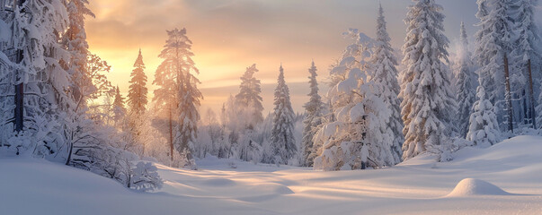 Fototapeta na wymiar The soft light of dawn illuminates a snow-covered forest, the trees and snow detailed against a blurred, serene sky. The early morning light brings warmth to the cold, quiet forest scene.