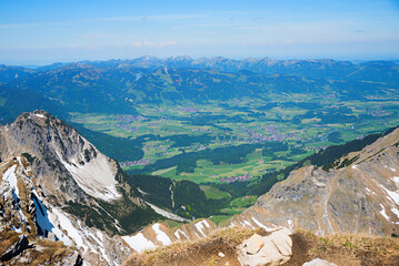 view from Nebelhorn mountain to villages in the valley, allgau landscape