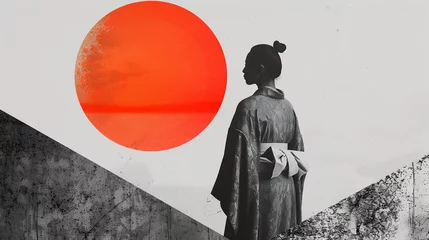 Zelfklevend Fotobehang Japanese woman in national costume kimono. Geisha on the background with a large circle symbolizing the rising sun. Painting in the style of watercolor painting or sketch. Illustration for design. © Login