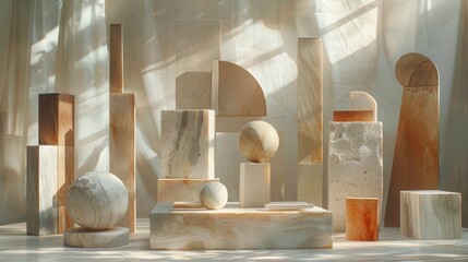 An artistic composition of various geometric shapes, cast in soft light, creating an abstract yet...