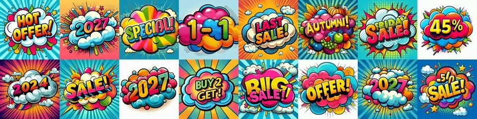 Sale stickers pop art style. AI generated illustration