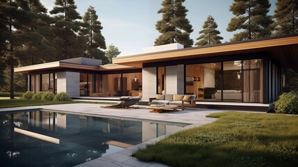 Fototapeta premium Midcentury modern house with flat roofs oversized windows and sleek lines.