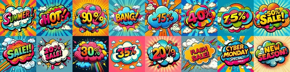Sale stickers pop art style. AI generated illustration