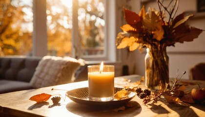 Naklejka na ściany i meble burning candle in home interior autumn aesthetics