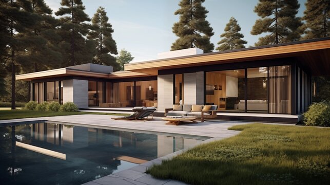 Midcentury modern house with flat roofs oversized windows and sleek lines.