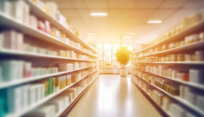 pharmacy drugstore shelves interior blurred abstract background with copy space - obrazy, fototapety, plakaty