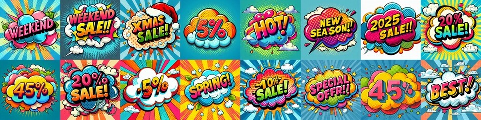 Sale stickers pop art style. AI generated illustration