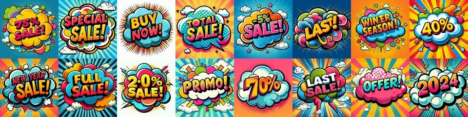 Fototapeta premium Sale stickers pop art style. AI generated illustration