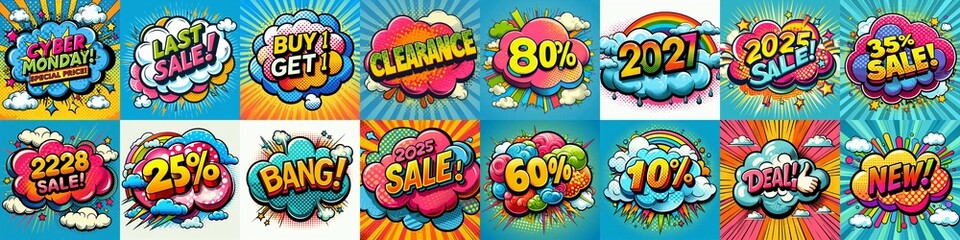 Fototapeta premium Sale stickers pop art style. AI generated illustration