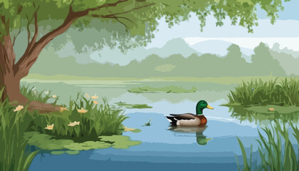 Vector natural scene with cartoon ducks  - obrazy, fototapety, plakaty