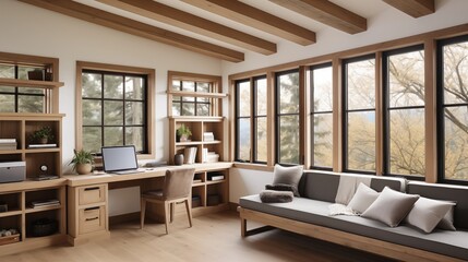 Minimalist Craftsman-inspired home office with oak built-ins wood beams window bench seat and sleek modern desk.