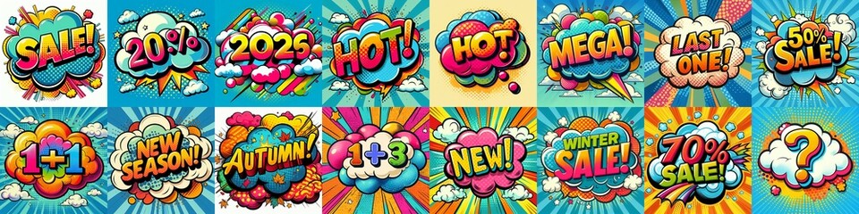 Fototapeta premium Sale stickers pop art style. AI generated illustration