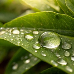 Macro Serenity: Captivating Raindrops on Verdant Leaves in Morning Dew"