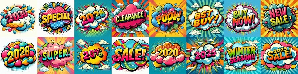Fototapeta premium Sale stickers pop art style. AI generated illustration