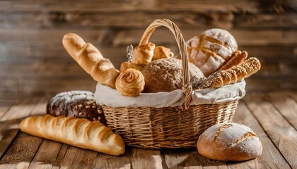 breadbasket with different bakery products on wooden background - obrazy, fototapety, plakaty