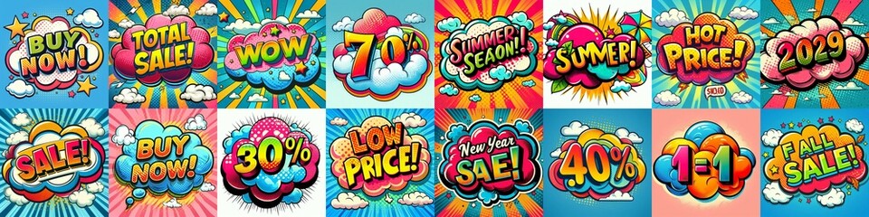 Fototapeta premium Sale stickers pop art style. AI generated illustration