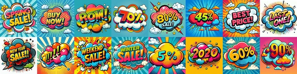 Sale stickers pop art style. AI generated illustration