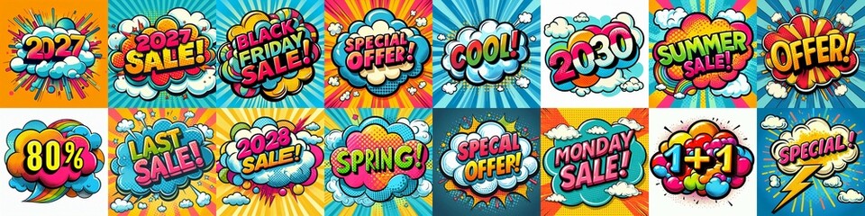 Sale stickers pop art style. AI generated illustration