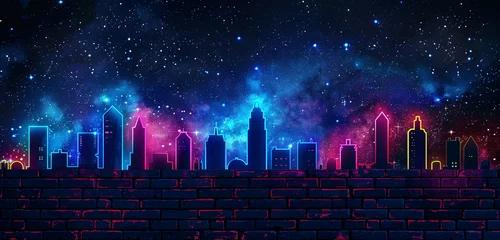 Fotobehang A brick wall adorned with neon lights forming the silhouette of a city skyline against a starry night sky. [Copy space on blank labels word]. © Lucifer