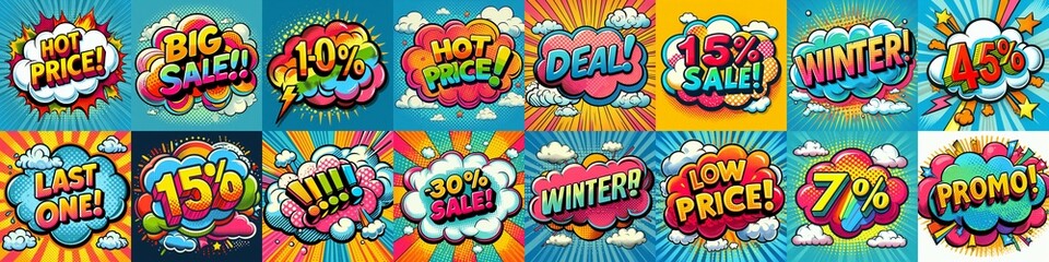 Fototapeta premium Sale stickers pop art style. AI generated illustration