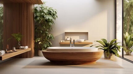Minimalist yet serene home spa with freestanding sculptural tub warm wood accents and ample plants.