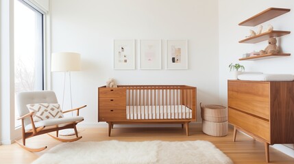 Minimalist nursery with warm wood tones crisp whites simple furnishings and functional storage.