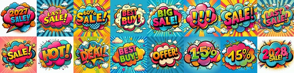 Fototapeta premium Sale stickers pop art style. AI generated illustration