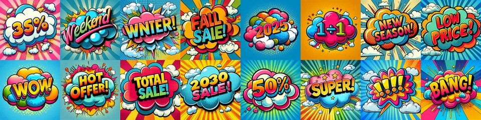 Fototapeta premium Sale stickers pop art style. AI generated illustration