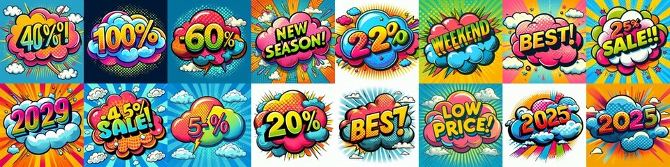 Fototapeta premium Sale stickers pop art style. AI generated illustration