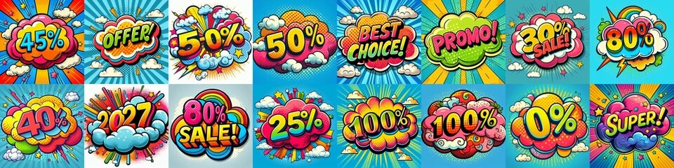 Fototapeta premium Sale stickers pop art style. AI generated illustration